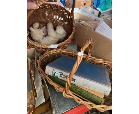 A wicker basket and a wicker trough containing 2 vintage bears, a French book on embroideries / textiles and another book "Pe