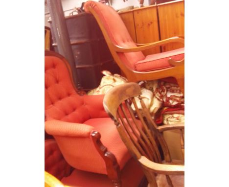 A late Victorian settee and similar armchair, together with a reproduction armchair and two boxes of various textiles. 