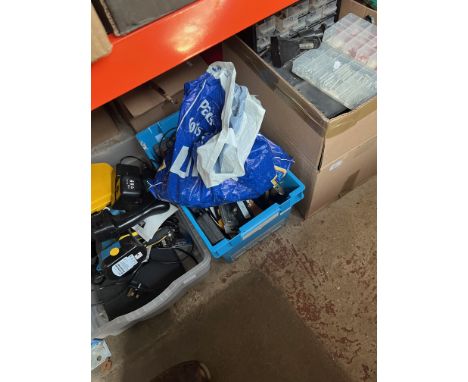 Three boxes of tools and garage wares including Workzone cordless drill with battery, Atlas power drill with battery and char