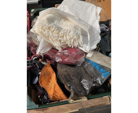 A box of vintage fashion items including braces, a 60's rectangular evening wrap, two shawls, some furs and leather items, ha