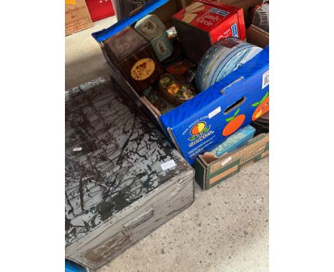 Two boxes and a metal case of vintage tins, etc. 