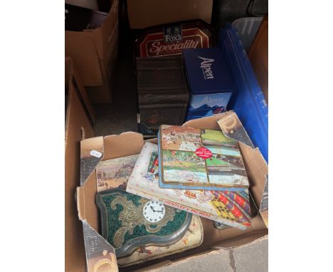 2 boxes of vintage tins, etc 