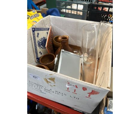 A box of mixed collectables including St Ives salt glazed earthenware, H &amp;R Johnson tile and one other, glassware etc 