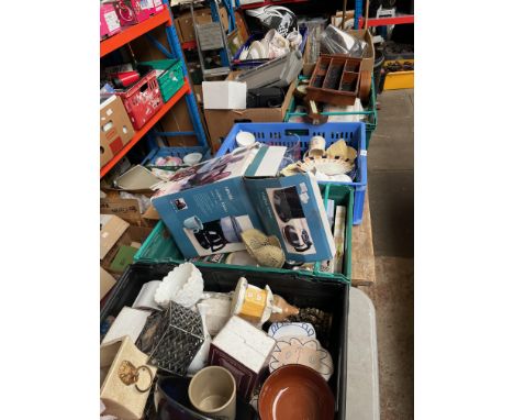 Seven crates/boes of mixed items including ceramics, glassweare, coffee maker in original box, typewriter, transistor radio, 