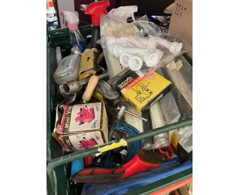 A box of miscellaneous garage items, cable ties, mini clamps, torch, car jack, tools, etc. 