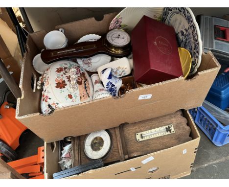 3 boxes of ceramics to include part tea service, various plates, some glass, barometers, etc. 