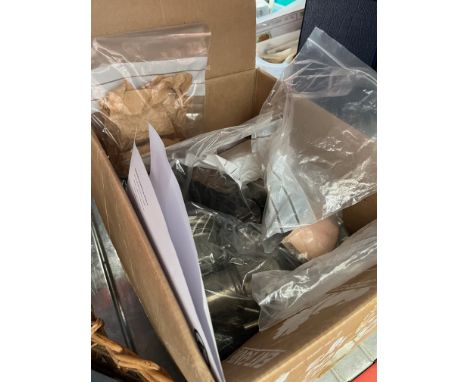 A box of miscellaneous items including precision tools, brass darts, cribbage board, flask, early 20th century glasses in cas