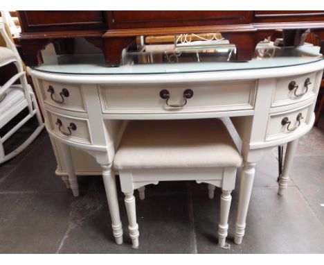 A Laura Ashley demi-lune dressing table with stool (no mirror). Condition- good, only very light signs of wear including slig