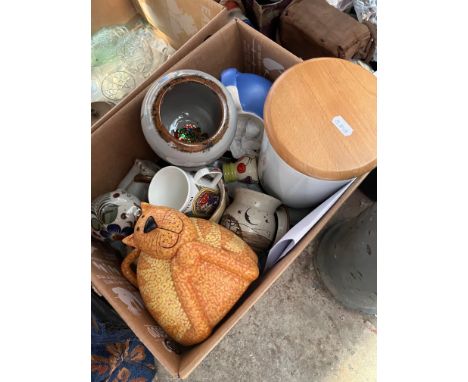 Two boxes of mixed items including ceramics, glassware, vintage bottles, storage jar, ceramic money box etc 
