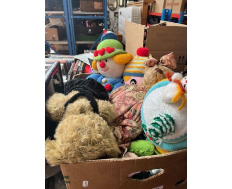 A box of soft toys to include two vintage bears, etc. 