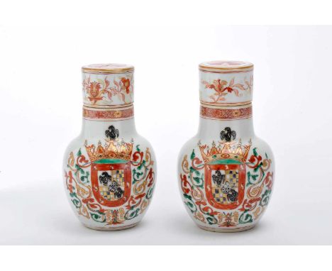 A pair of pots with covers, Chinese export porcelain, polychrome decoration with the Sampaio e Melo coat of arms, Kangxi peri