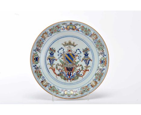 A Large Plate, Chinese export porcelain, polychrome and gilt decoration with the coat of arms traditionally attributed D. Luí