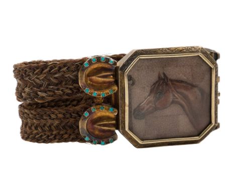 A late 19th century turquoise set gilt horse hair bracelet:, the octagonal central panel inset with a watercolour portrait of