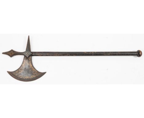 A 19th century iron headed axe:, the head painted black and embellished with gilt scrolls and outlining, on an ebonised shaft