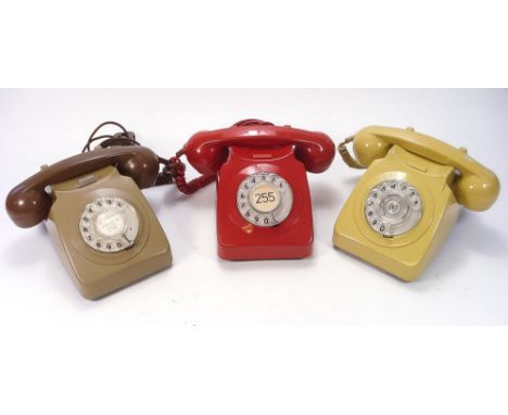Three GPO telephones:,  746F 537672 and 746 73/1 in red, mustard and coffee (3)