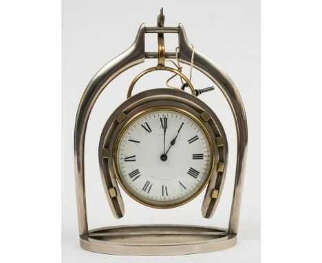 A Victorian hunting themed timepiece:, the eight day movement with enamel dial and Roman numerals in a cylindrical brass case