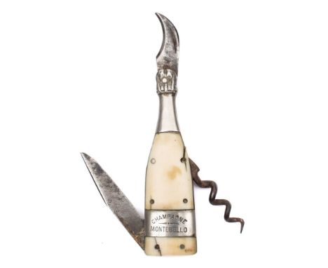 An early 20th century ivory and silver plate mounted champagne bottle penknife with corkscrew:, inscribed 'Champagne Montebel