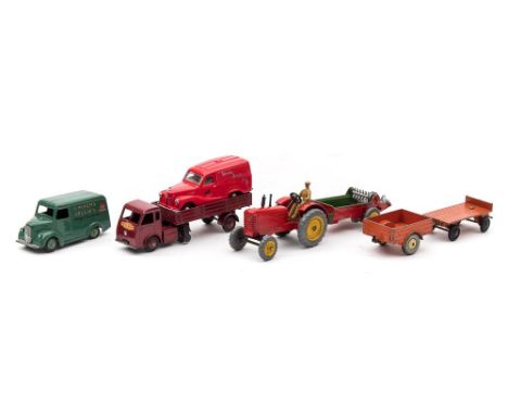 A group of loose Dinky vehicles:, N0 31c Trojan 'Chivers Jellies'  van, No 30w 'British Railways' Hindle Smart Electric, Mass