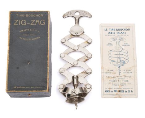 A French nickel plated Tire-Bouchon 'Zig-Zag' lazy tongs corkscrew:, in original box with instructions.