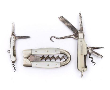 A late Victorian silver miniature penknife with corkscrew, Birmingham 1892:, together with a mother of pearl mounted folding 