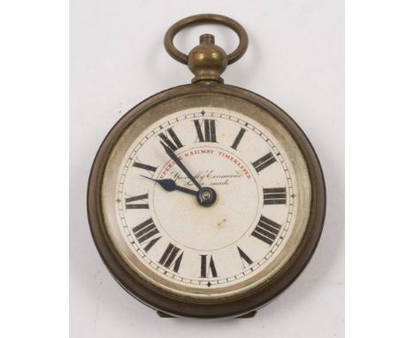 A brass cased  'Superior Railway Timepiece'  open face pocket watch:, with paper dial and Roman numerals in an engine turned 