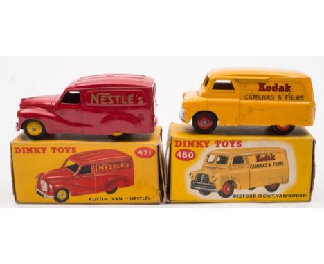 Dinky 471 Austin Van in 'Nestle's livery together with 480 Bedford 10cwt Van in 'Kodak' livery.: