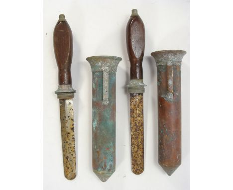 Two reproduction Greek or Turkish style diver's knives:,unsigned, the double edge rounded tip blade over threaded hilt and fl