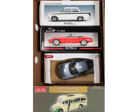 Millenium and Sun Star four 1/18th scale saloon cars and coach: includes Lotus Cortina Mk 1, Jaguar E-Type, Bedford Duple Vis