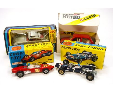 Corgi, No 154 Ferrari Formula 1 Racing Car: No 156 Cooper Maserati F/1, No 270 James Bond Aston Martin and Austin Metro, all 