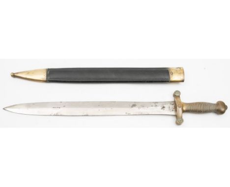 A French Model 1831 Foot Artillery Sword:, of 'galdius' pattern with double edged blade, stamped 'Jean' to ricasso, solid bra