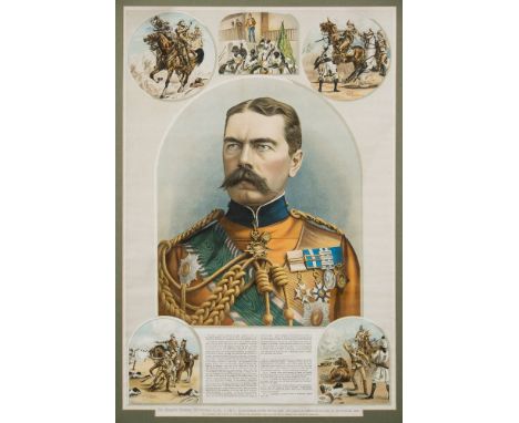 A late 19th /early 20th century lithograph portrait of major General Sir Horatio Hertbet Kitchener:, surrounded by vignettes 