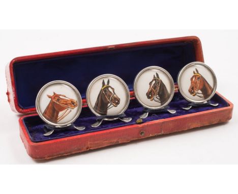 A set of four Edwardian silver framed watercolour horse portrait place name holders, maker Grey &amp; Co, Birmingham 1909:, i