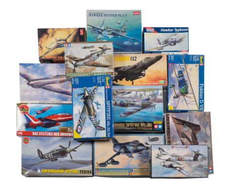 Tamiya, Airfix, Hasegawa and others: a collection of plastic aircraft construction kits, various scales including Spitfire Mk