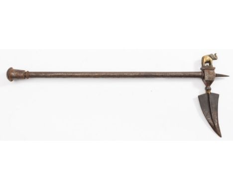 A 19th century Indian steel fighting axe:, the upwardly curved triangular  head with armour piercing tip and central rib, squ