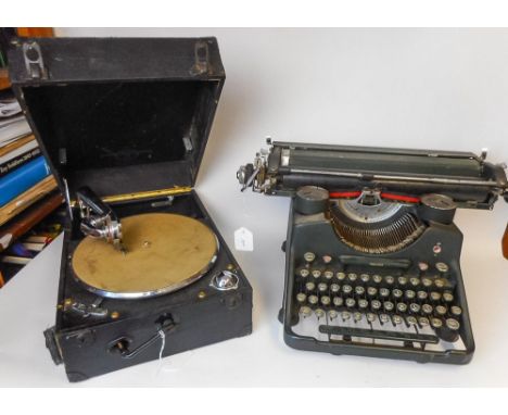 A WWI period portable Columbia wind up gramophone:, with a collection of 78 rpm records, together with a WWI period Bar-lock 