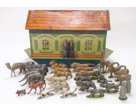 A mid-20th century tin plate Noah's Ark, together with a collection of diecast animals and a figure of Noah:, the ark with li