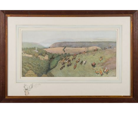 Cecil Aldin [1870-1935]-The Devon & Somerset Staghounds,:-coloured print, with stag head vignette and signed in pencil on the