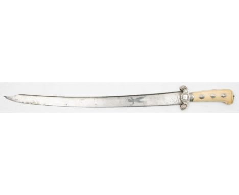 A late 18th/early 19th century Continental silver and ivory handle hunting hanger:, the curved single edge blade with clipped