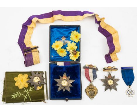 Three Primrose League Star Medals for Outstanding Contribution: together with a silk armband, a sash with General Election 19