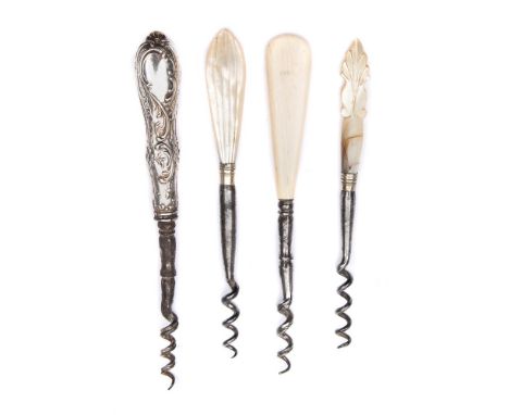 A group of four various late 19th /early 20th century perfume bottle corkscrews:, comprising a silver handled example, an ivo