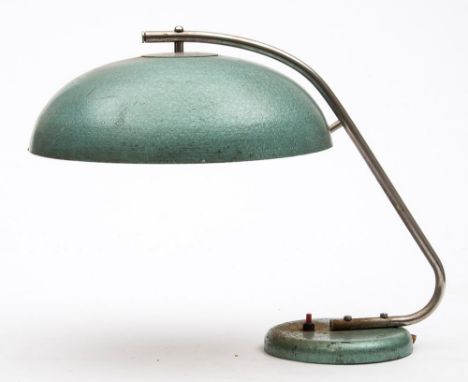 A Continental Art Deco desk lamp:,  the large circular shade suspended from a chrome plated rod support on a circular base, 3