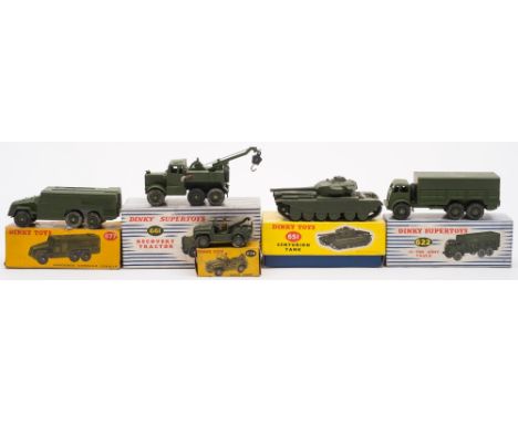 Dinky 661 Recovery Tractor:, 622 10-Ton Army Truck, 651 Centurion Tank, 677 Armored Command Vehicle and 674 Austin Champ, all