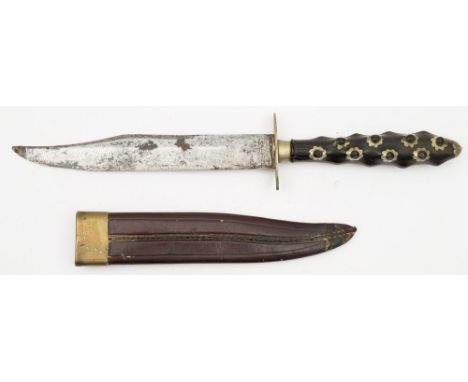 A 19th century English Bowie style hunting knife by  William Jackson Sheffield:, the straight single edge blade with clipped 