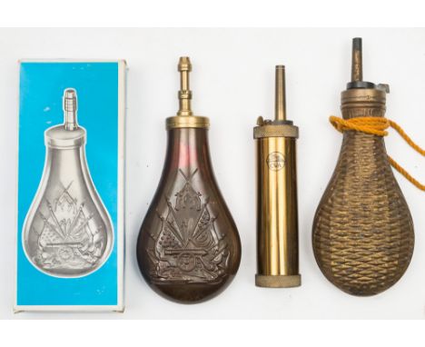 An Italian reproduction copper and brass powder flask and two other powder flasks:, (3)