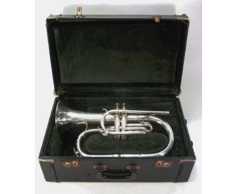 An American King two valve marching Bugle, No 00577: with nickel plated finish in a fitted case.