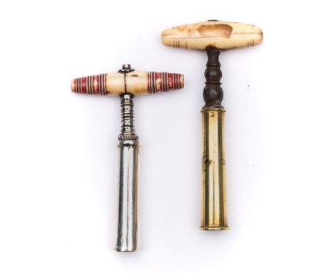 A late Georgian white metal pocket corkscrew:, circa 1800, barrel shaped ivory handle with stained red banding, turned stem a