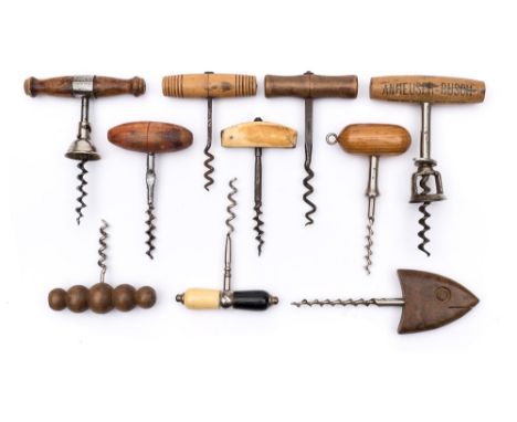 A group of various wooden handled corkscrews:, including an 'Anheuser-Busch' advertising corkscrew by Williamson Co, Newark, 