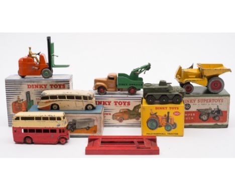 Dinky 25x Breakdown Lorry together with 582 Dumper Truck:, also 401 Fork Lift Truck, 301 Field -Marshall Tractor, two other p