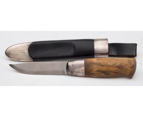 A Norwegian silver mounted sheath knife by David Andersen:, the short single edged blade signed as per title, over silver hil