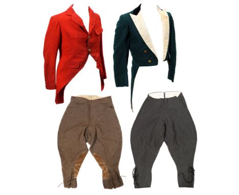 An early 20th century huntsman's jacket:, together with a green hunting jacket and two pairs of jodhpurs.
